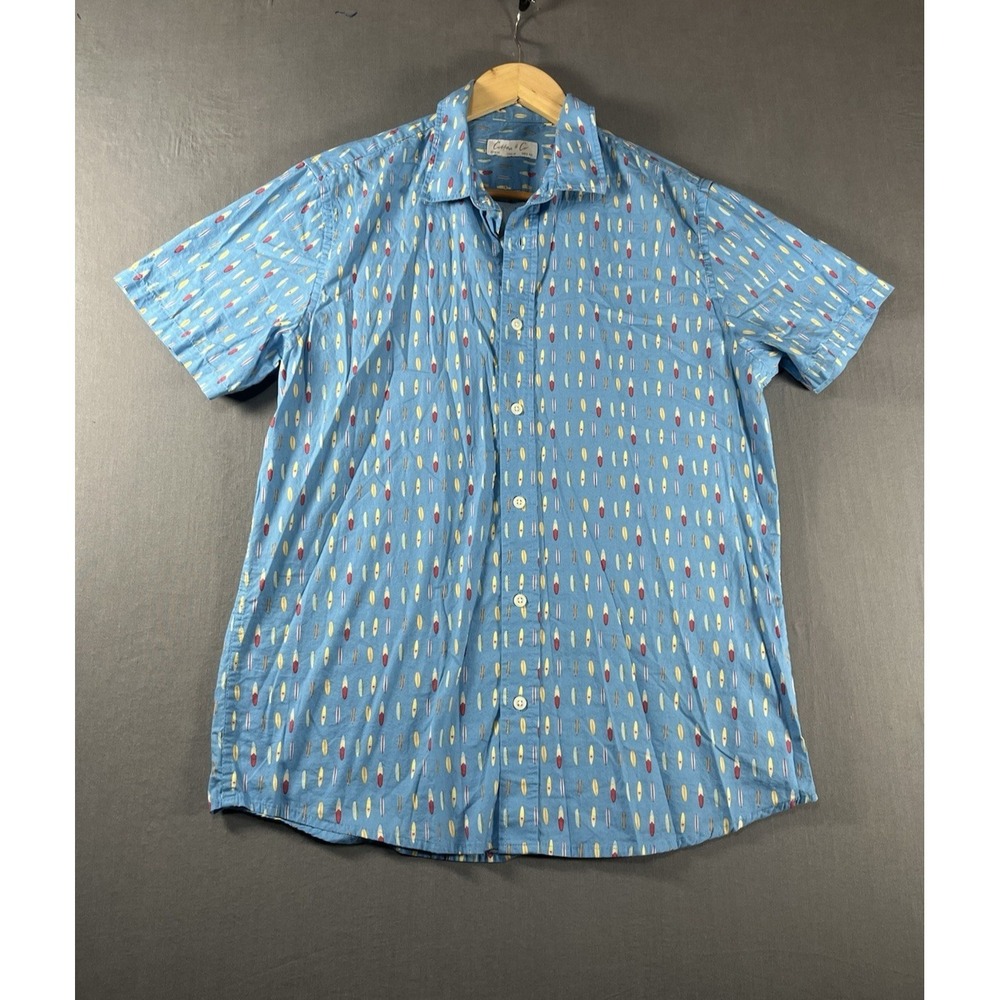 Cotton & Co Mens Short Sleeve Surfboard Print Button Down Shirt Blue Size M